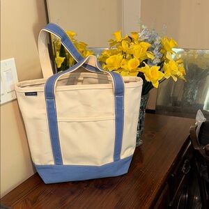 Lands' End Cream and Light Blue Tote Bag